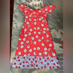 LONDON TIMES Red Blue Floral Cold Shoulder Ruffle Midi Dress 18W